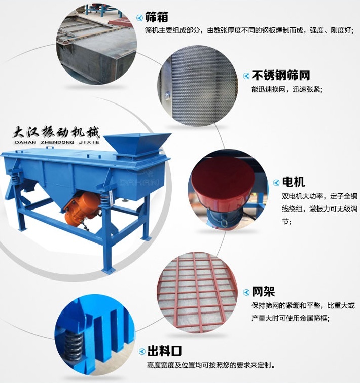 525型直線振動篩結構細節：篩箱：篩機主要組成部分，由數張厚度不同的鋼板焊制而成，強度，剛度好。不銹鋼篩網：能速換網，迅速張緊。電機：雙電機大功率，定子全銅線繞組，激振力可無級調節。網架：保持篩網的緊繃和平整，比重大或產量大時可使用金屬篩框。出料口：高度寬度及位置均可按照您的要求定制。