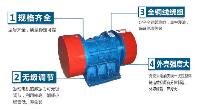 VB振動電機特點：1，規格齊全：型號齊全，質量穩定可靠。2，無極調節：振動電機的激振力可無極調節，利用率高，能耗小，噪音低，壽命長。4，外殼輕度大：外殼采用消失模一次性整體鑄造替換原有分體制造，外觀好看，強度大。